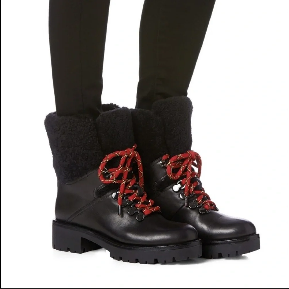 Aquatalia Jamie Black leather combat lace up boot shearling trim moto 11